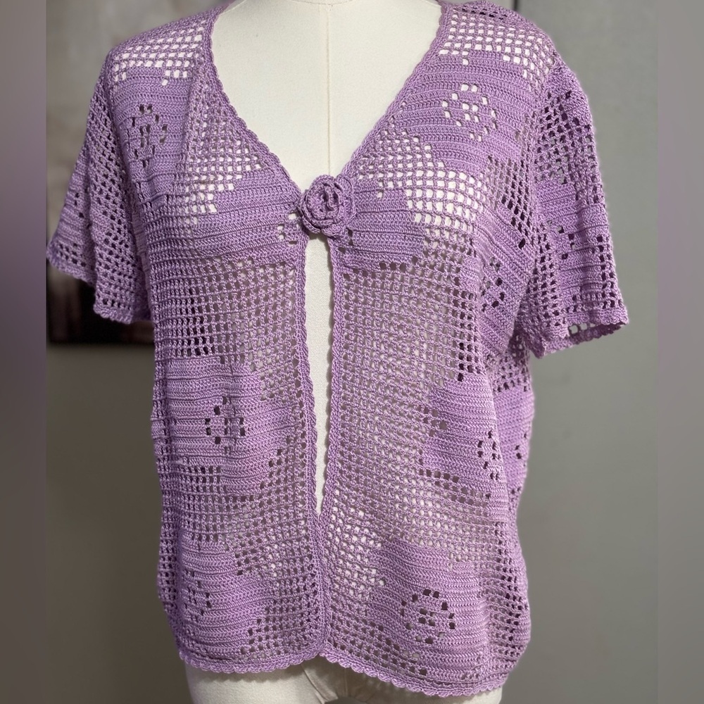 Cottagecore Crochet Cardigan Floral Open Knit Feminine Romantic Lavender Boho